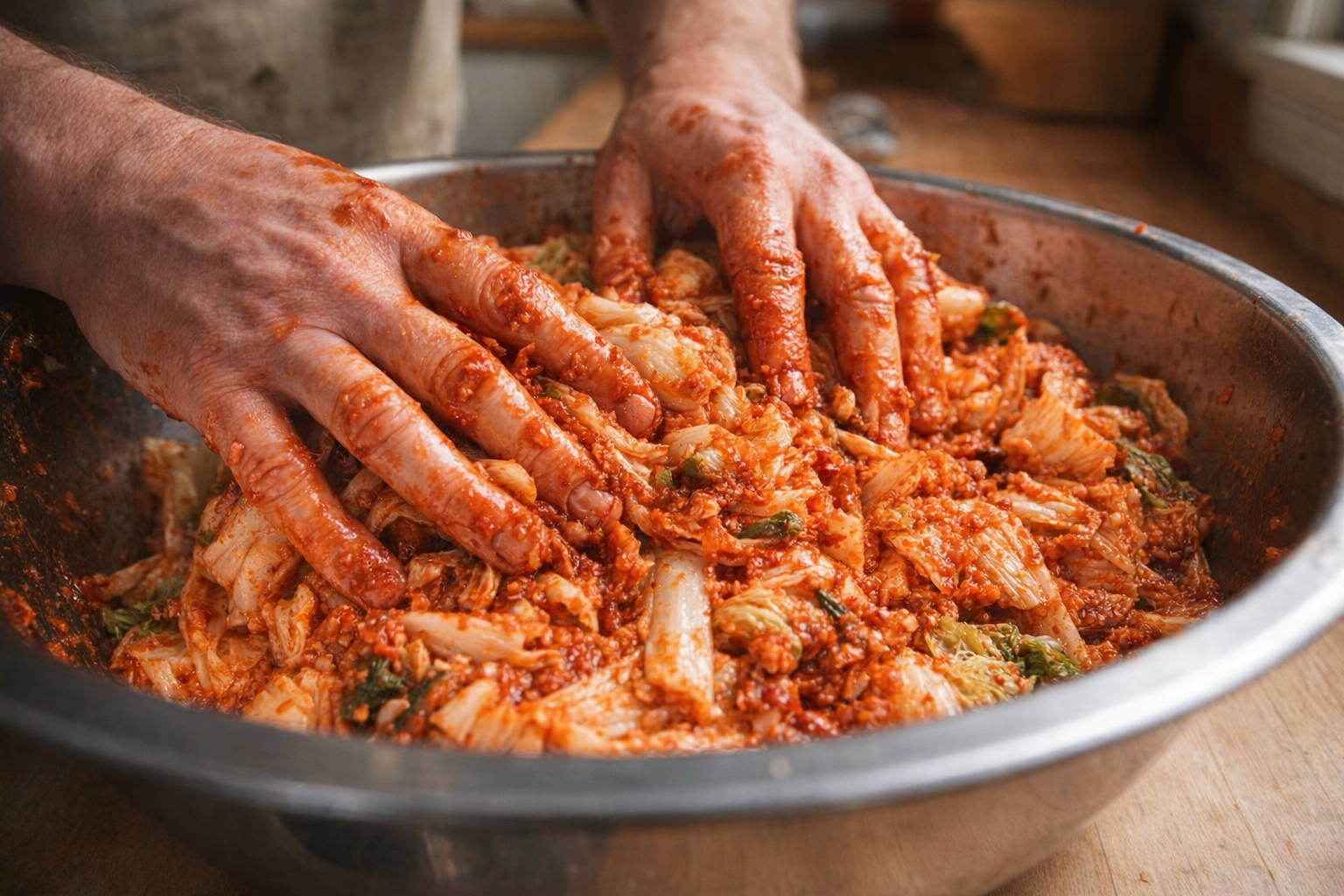 An action shot of hands massaging a vibrant red kimchi paste into chopped Napa cabbage in a large stainless steel bowl, showing the mixture thoroughly coating the cabbage leaves.